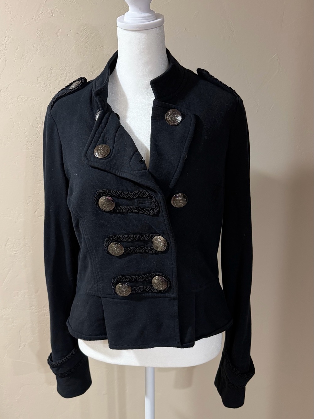 Express Black Military Band Jacket / Crested Button Fleece Blazer